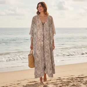 ☀️☀️☀️ Gibson & Latimer Tan Animal Print Caftan Cover Up with Gold Sequins